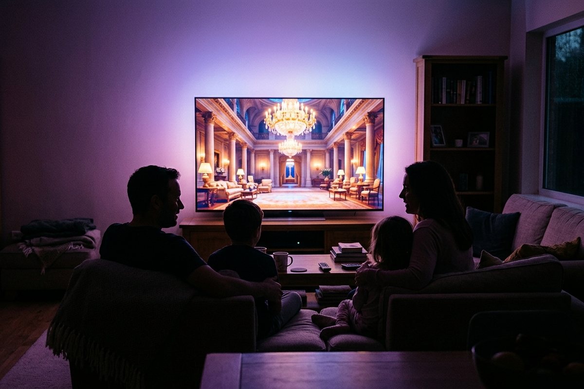 Keluarga menonton televisi bercahaya yang menayangkan rumah mewah dari ruang tamu yang remang