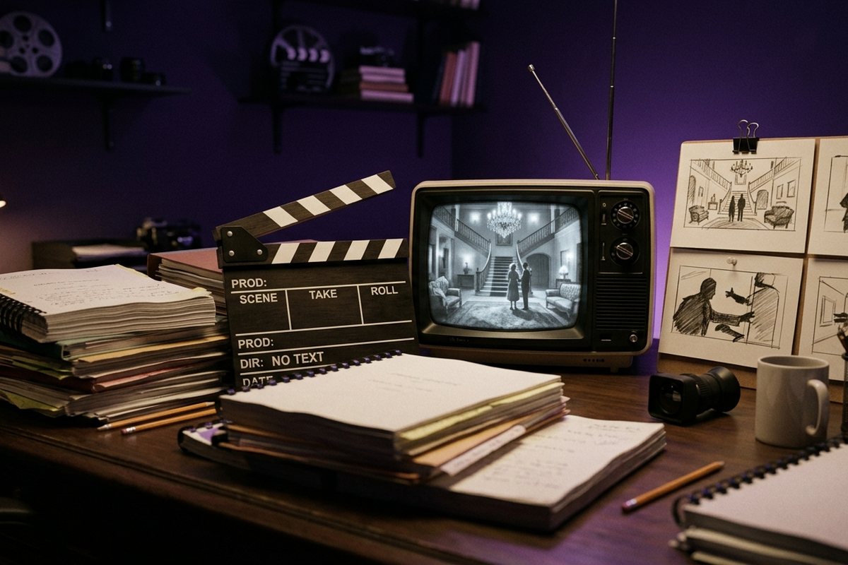 Meja sutradara bertumpuk naskah drama dengan clapperboard dan televisi kecil menayangkan adegan rumah mewah