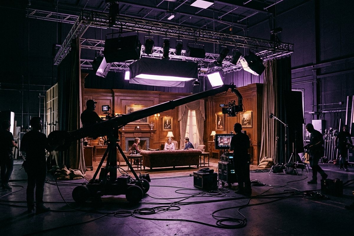 Derek kamera, lampu sorot, dan kabel mengelilingi set ruang keluarga mewah di dalam studio