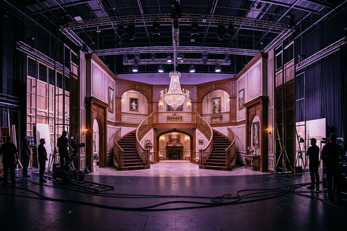 Set rumah mewah sinetron dengan tangga kembar dan lampu kristal yang terlihat dari sisi studio